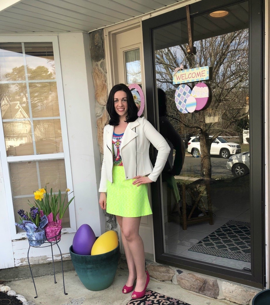 White moto jacket (4). Lime green mini skirt (4). Pink peep toe heels (8.5). #jacket #whitejacket #motojacket #limegreenskirt #miniskirt #skirt #heels #pinkheels #peeptoeheels #springoutfit #easteroutfit 
spring outfits 2026 
easter outfits women 
easter dress women 

#LTKootd #LTKSeasonal