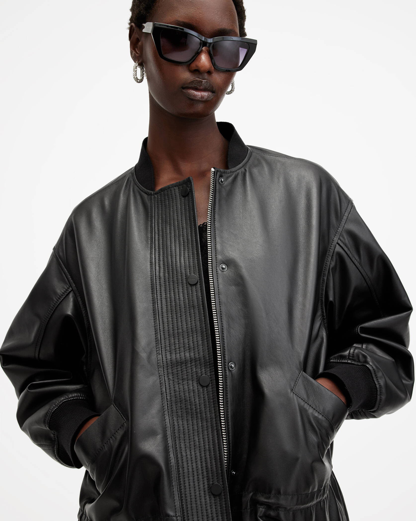 Sofi Drawstring Leather Bomber Jacket Black | ALLSAINTS | AllSaints UK