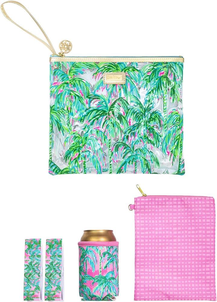 Lilly Pulitzer Water Resistant Vinyl Beach Day Pouch, Zipper Bag Includes Drink Hugger, Small Pou... | Amazon (US)