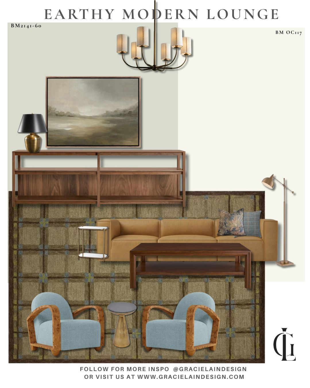 Earthy, modern, and effortlessly inviting. This lounge brings masculine touches into harmony with a palette of grounded earth tones, watery blues, rich leather, warm woods, and glowing brass. Textured linens add softness, while a beautiful landscape and geometric wool rug bring depth, movement, and warmth to the room.
Every element feels intentional, yet nothing feels too precious. Cozy, relaxed, layered—and made for lingering.

Explore the full design story at gracielaindesign.com

#GracielainDesign #InteriorDesign #ModernInteriors #EarthyInteriors #ModernLounge #MasculineInteriors #WarmModern #EarthTones #LeatherAndWood #InteriorStyling #LayeredInteriors #TimelessDesign #CozyInteriors #LuxuryInteriors 

 #LTKHome #LTKSaleAlert