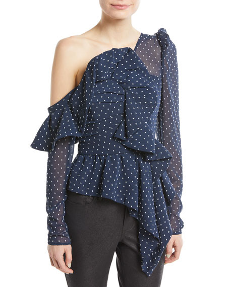 Self-Portrait One-Shoulder Dotted Plumetis Frill Top | Bergdorf Goodman
