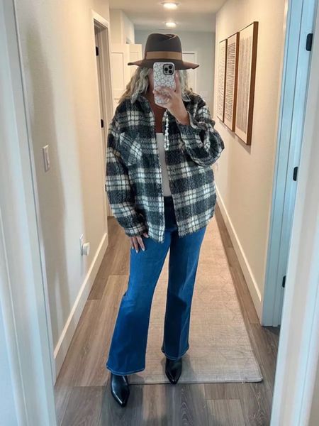 Fall outfit, jeans, family pictures, family photos outfit, fall fashion, the best fall outfit! Plaid shacket, Good American Flared denim jeans, wide-brim hat, midsize outfit

#LTKstyletip #LTKHoliday #LTKmidsize