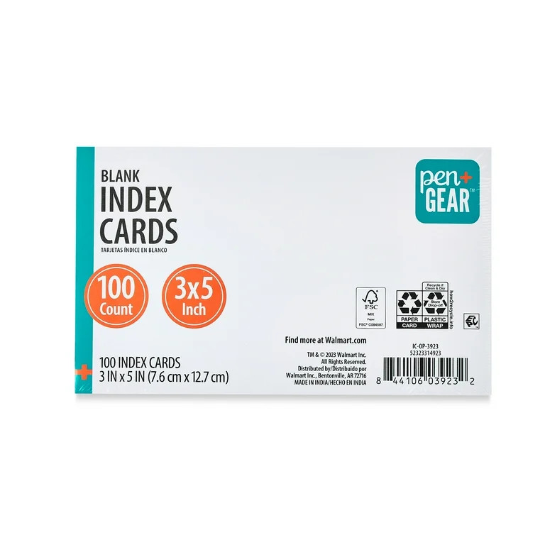 Pen+Gear Blank Index Cards, 3" x 5", White, 100 Count | Walmart (US)