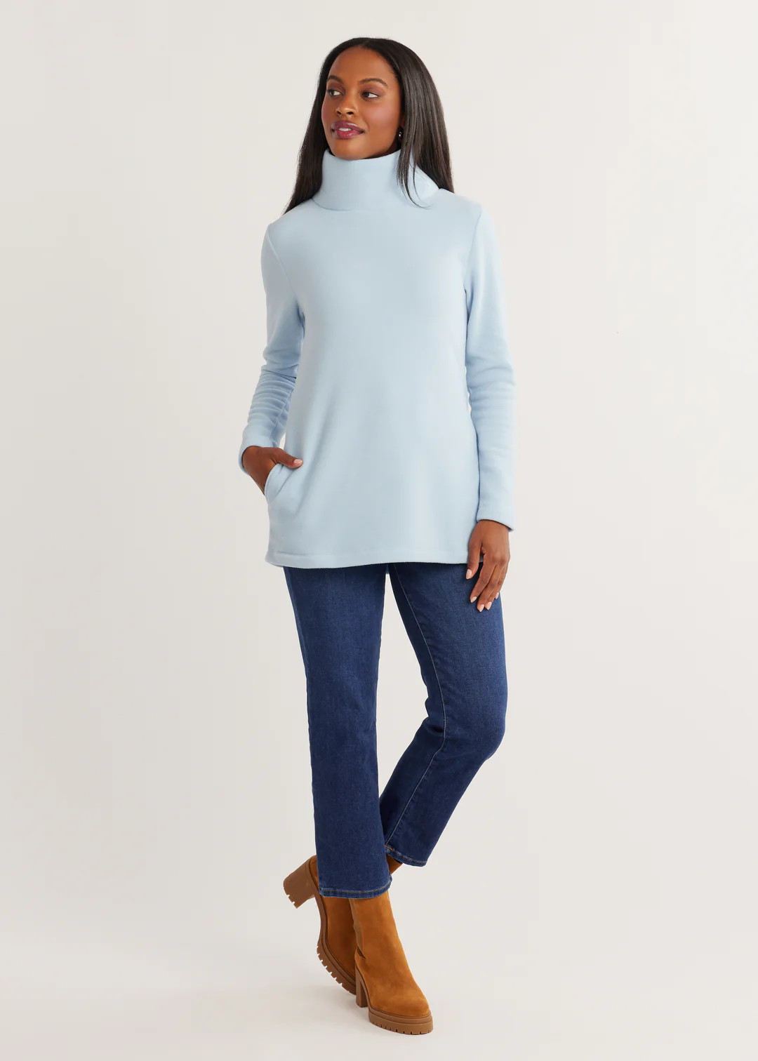 Cobble Hill Turtleneck in Vello Fleece (Ice Blue) | Dudley Stephens