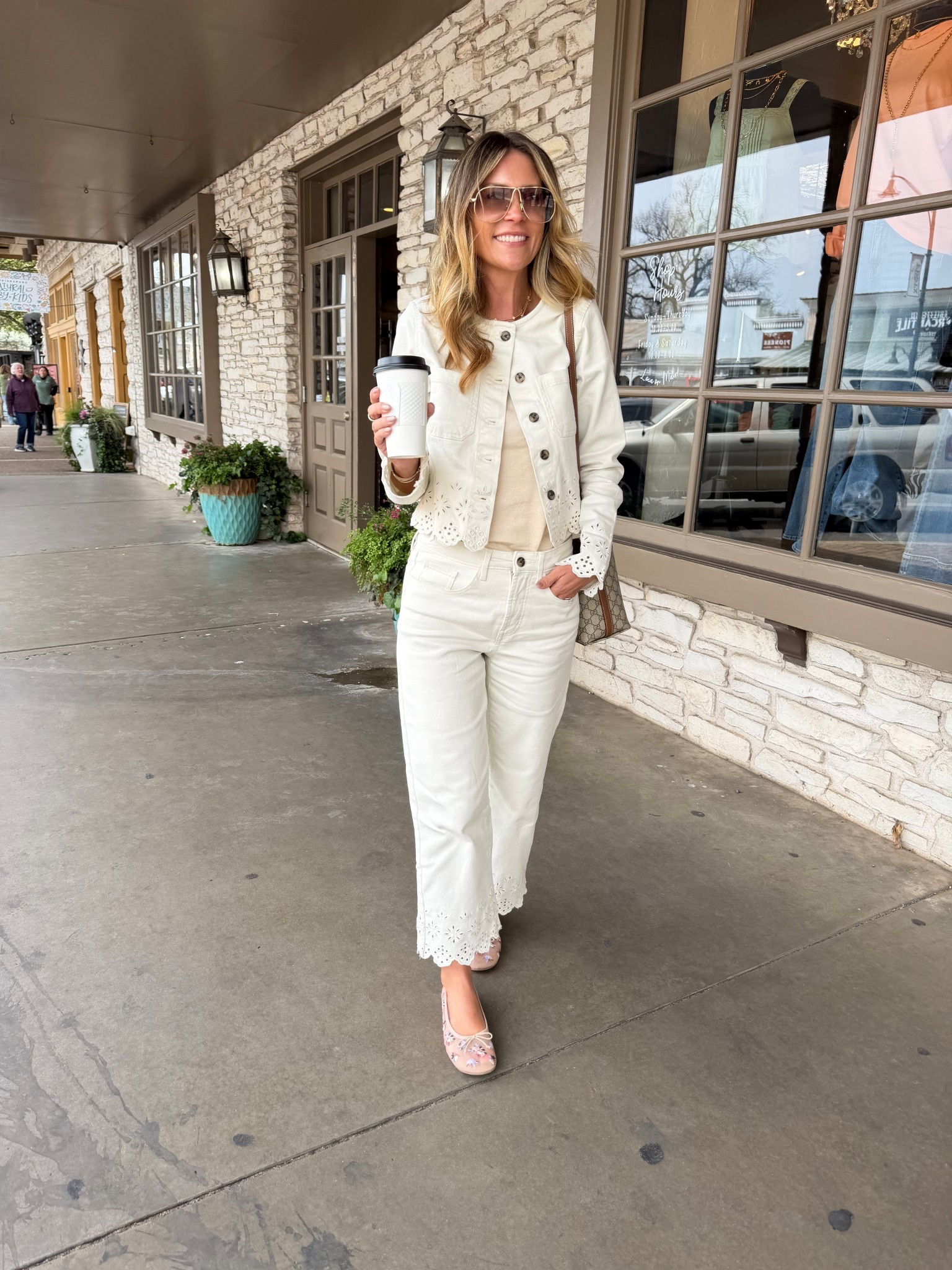 Today’s outfit from Walmart!!
Embroidered eyelet pants size 4
Eyelet jacket size small 
Studded ballet flats 
Miu miu sunglasses 
Gucci bucket bag 

#LTKootd #LTKOver40 #LTKPetite