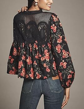 PUWEI Womens Floral Print Lace Blouses Long Sleeve Crew Neck Lace Mesh Poplin Swing Babyboll Tops... | Amazon (US)