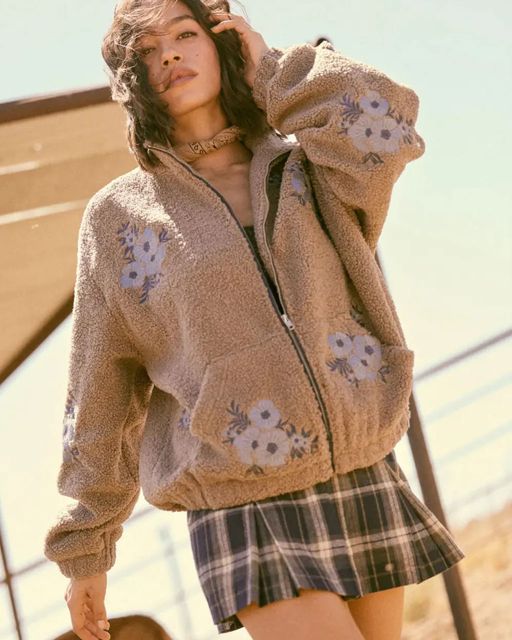 Floral-Embroidered Sherpa Fleece Zip-Up Jacket | ban.do