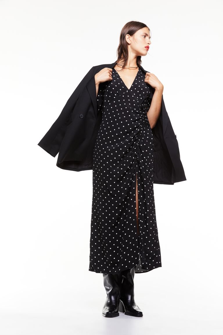 Puff-sleeved Crêped Dress - Black/dotted - Ladies | H&M US | H&M (US + CA)