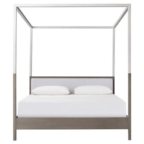Sonder Living Chelsea Rustic White Smoked Oak Wood Upholstered Canopy Bed - King | Kathy Kuo Home