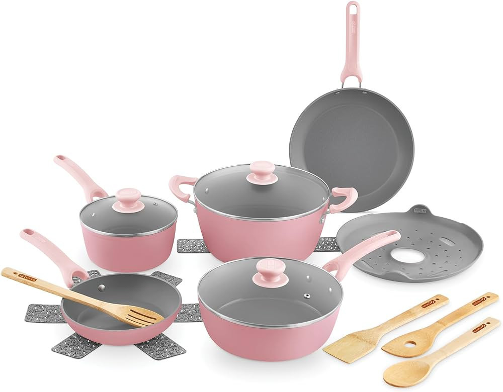 DASH Dream Green Ceramic Recycled Aluminum 15 Piece Cookware Set- Pink | Amazon (US)
