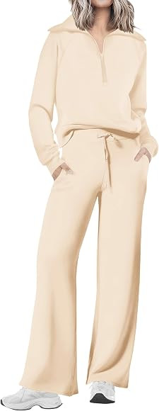 PRETTYGARDEN Women's 2 Piece Outfits Casual Lapel Half Zip Sweatshirts And Wide Leg Pants Tracksu... | Amazon (CA)