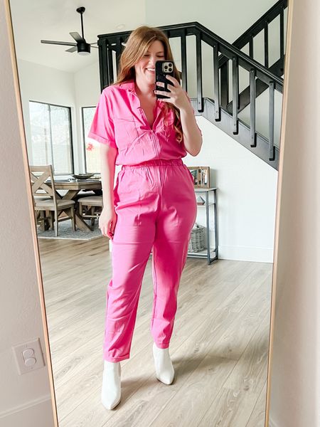 Pink jumpsuit from smash and tee. Wearing size medium. Spring outfit. 

#LTKunder100 #LTKSeasonal #LTKsalealert