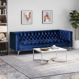 Galvin 88 in. Midnight Blue Solid Velvet 3-Seat Tuxedo Sofa | The Home Depot