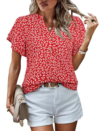 LOOKBOHO Womens Casual Red Tops Ruffle Short Sleeve V Neck Floral Blouses Fashion Summer Chiffon Office Shirts Red XXL | Amazon (US)