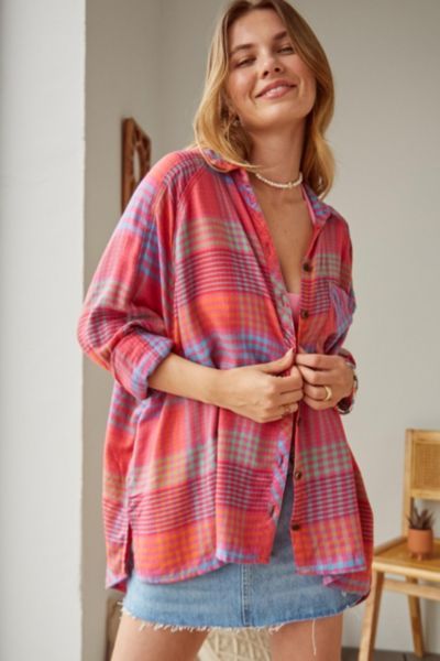 UO Brendan Pink Plaid Drapey Button-Down Shirt | Urban Outfitters (US and RoW)