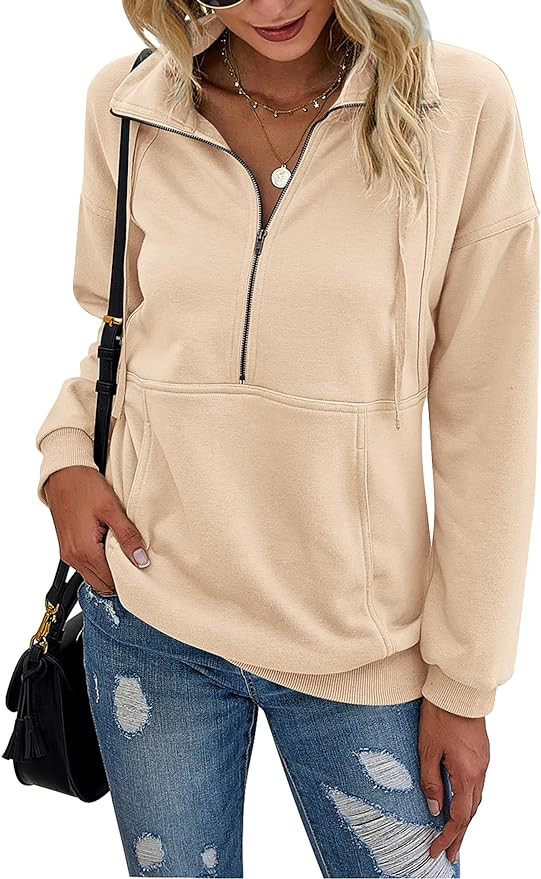 PRETTYGARDEN Women's Casual Long Sleeve Lapel Zipper Sweatshirt Drawstring Loose Pullover Tops | Amazon (US)