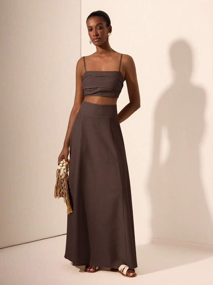 Zivah New Summer New Music Festival, Easter, St. Patrick's Day, Western, Nomadic, Birthday Party, Graduation, Student, Daily Wear, Casual, Vacation, Cruise Travel, Beach, Sunbathing, Fashionable, Ruffle, Spaghetti Strap, Cable Knit, Bamboo, Linen, Khaki Women 2 Pieces Set Chocolate Brown Two Piece Set Brown Crop Top And Skirt Set | SHEIN