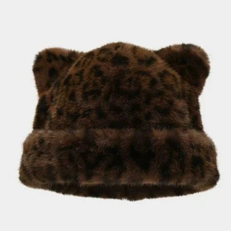 Women's Fluffy Leopard Print Beanie Cap Winter Warm Faux Fur Cat Ears Hat | Walmart (US)