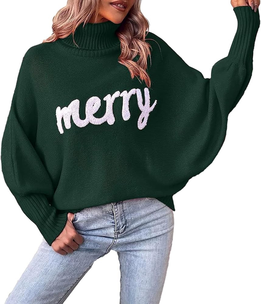 BHMAWSRT Women's Merry Christmas Sweater Longsleeves Turtleneck Knitted Sweatshirts Christmas Fes... | Amazon (US)
