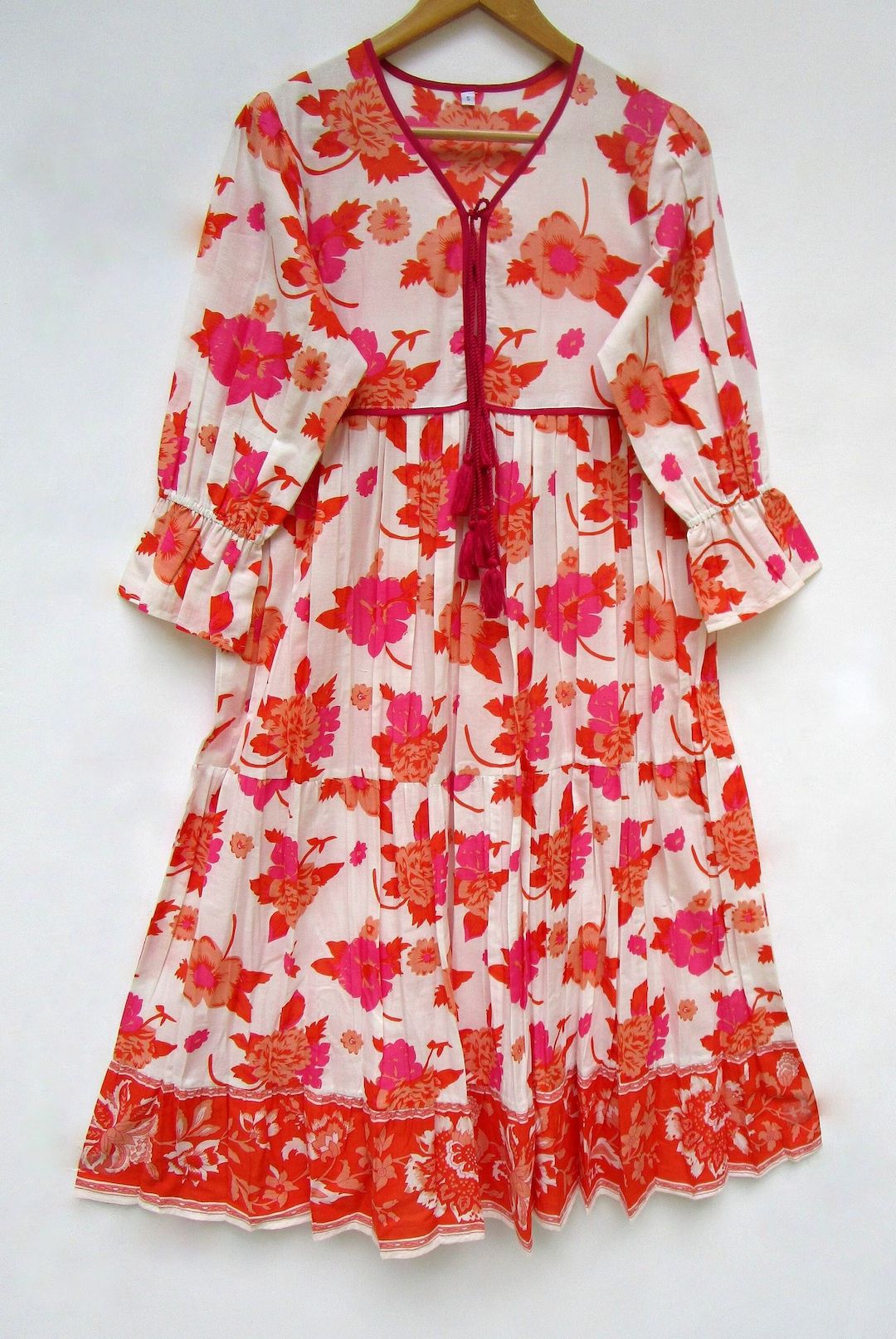Bohemian and Hippie Style Women Maxi Dress / Gauze Look Maxi Dress / Printed Long Sleeve / V Neck... | Etsy (CAD)