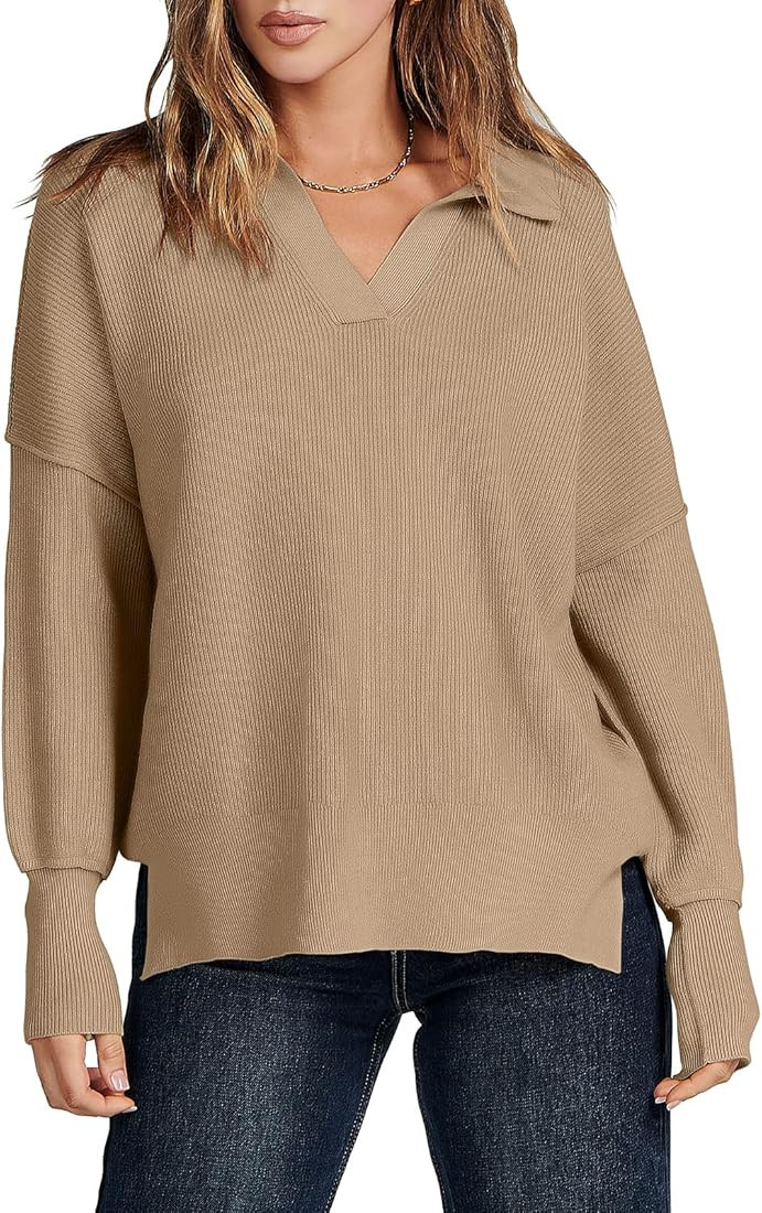 ANRABESS Women's 2022 Fall Batwing Long Sleeve V Neck Overiszed Pullover Sweaters Foldover Collared  | Amazon (US)