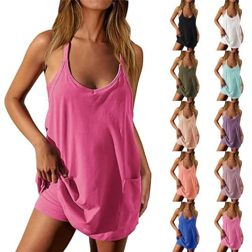 Rikbuig Women's Pink Mini Dress with Built-in Shorts and Bra, Sleeveless, Spaghetti Straps, Summer, Size X-Large | Amazon (US)