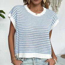 Leisure Striped Round Neck Loose Knit Top In Color Block Random Stripe | SHEIN