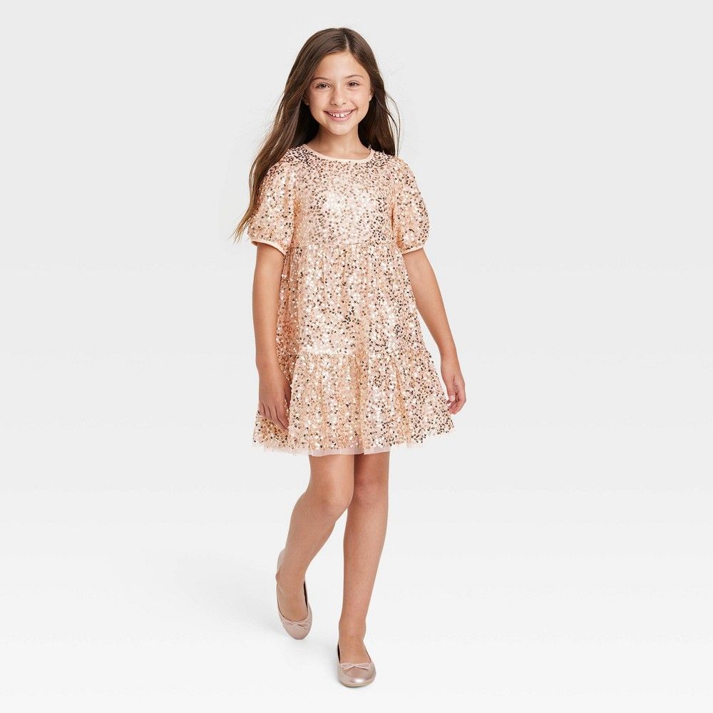 Girls' Sequin Puff Sleeve Dress - Cat & Jack Gold XS | Target