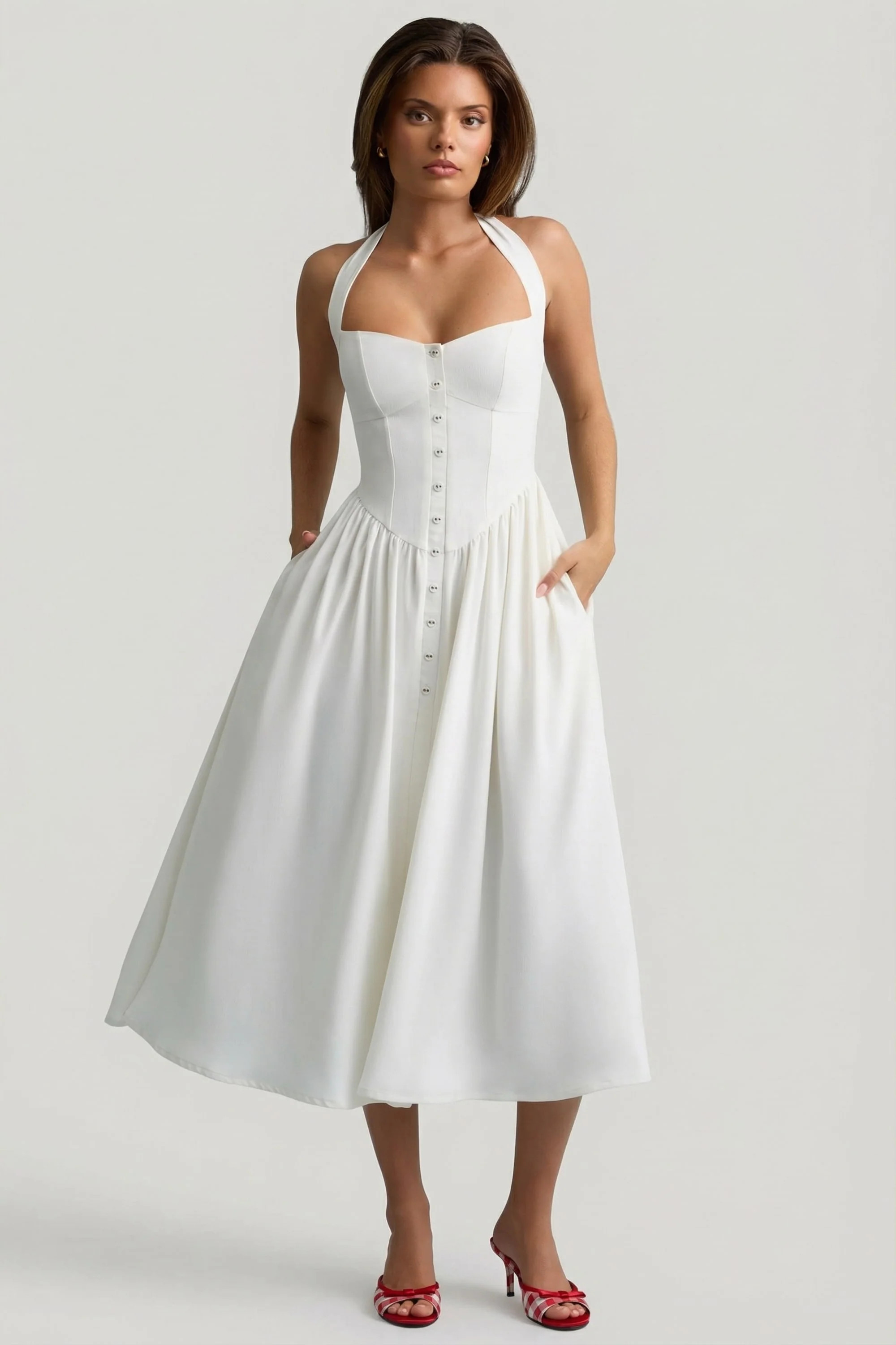 Button-Detail Halterneck Midaxi Dress in White | Oh Polly