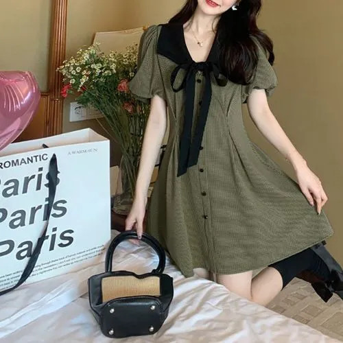Ororoar - Short-Sleeve Contrast Collar Plaid Mini A-Line Dress | YesStyle Global