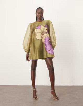 ARRANGE applique floral volume sleeve a-line mini dress in green | ASOS (Global)