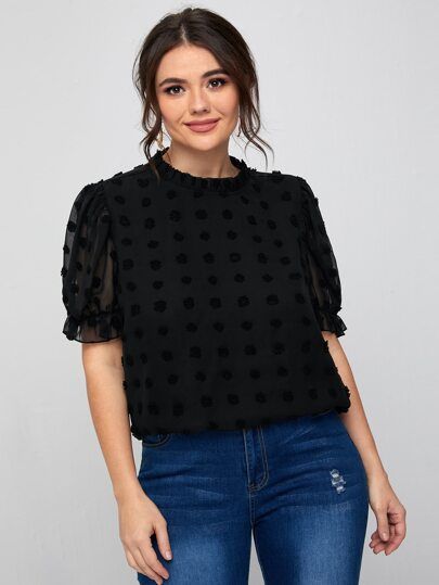 SHEIN Plus Ruffle Neck Puff Sleeve Appliques Top | SHEIN