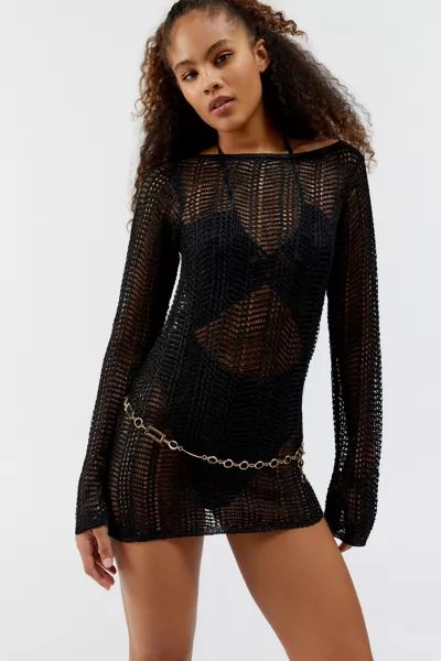 UO Lydia Semi-Sheer Crochet Mini Dress | Urban Outfitters (US and RoW)