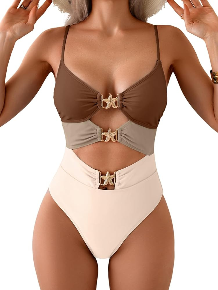 Eomenie One Piece Swimsuit for Women Cutout Monokini Sexy Bathing Suit Metal Swim Suit | Amazon (US)
