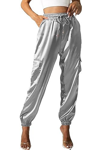 Women's Satin Cargo Joggers Pants Dressy Casual Silky Elastic High Waist Trousers Silver | Amazon (US)