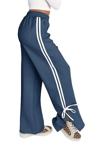 Fisoew Womens Wide Leg Track Pants High Waisted Side Slit Striped Baggy Sweatpants with Pockets Navy | Amazon (US)