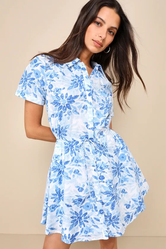 Sunny Charisma Blue Floral Button-Up Mini Dress With Pockets | Lulus