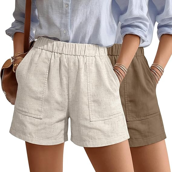 Neer 2 Pack Women's Linen Shorts Elastic Waist Casual Comfy Summer Pull on Beach Shorts with Patc... | Amazon (US)