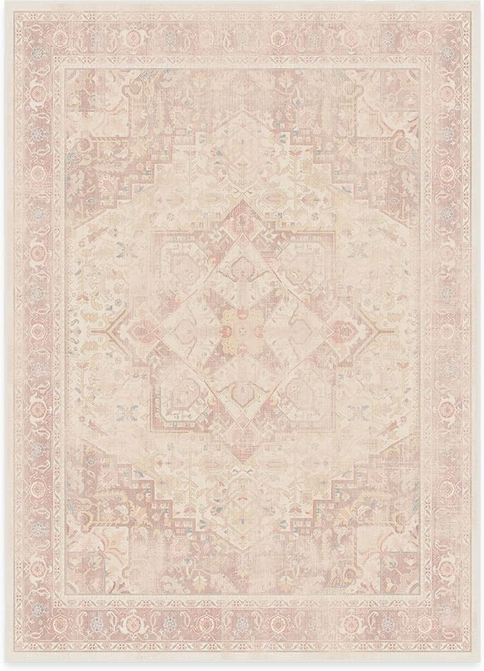 RUGGABLE Washable Area Rug – Kamran Soft Pink 5x7, Stain-Resistant, Non-Slip with Cushioned Pad... | Amazon (US)