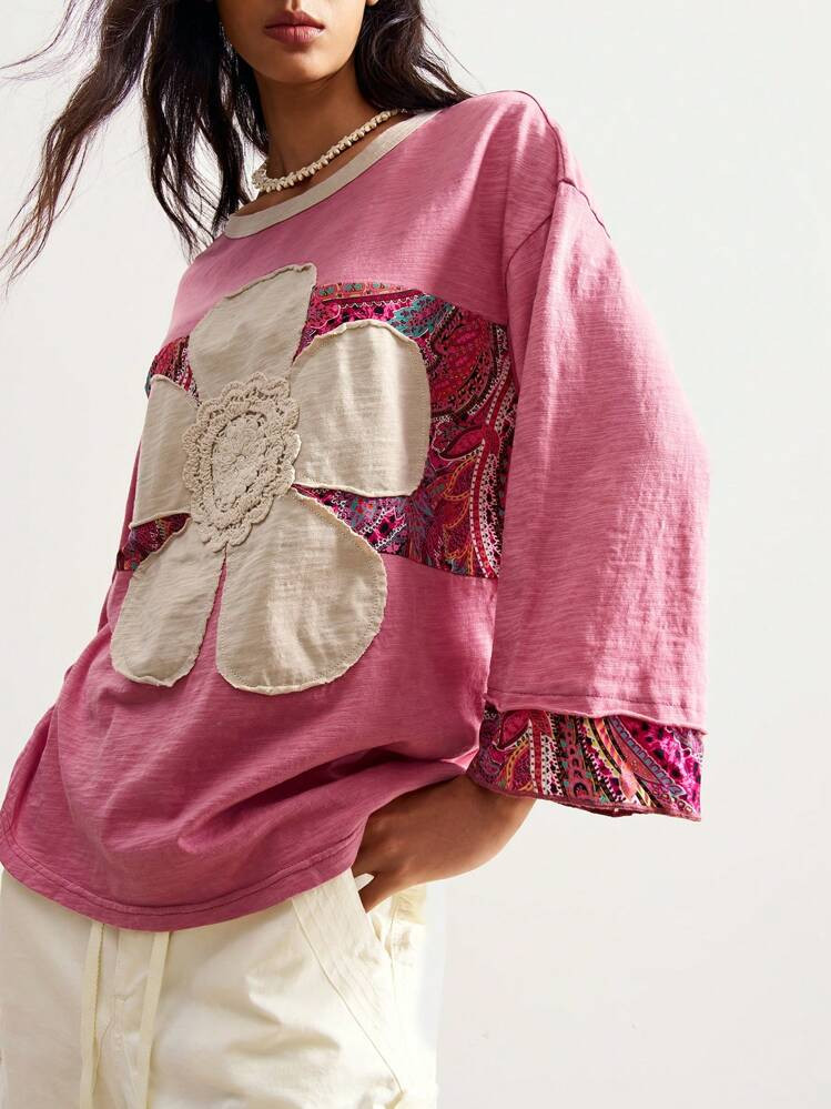 Bohemela Casual Knit Color Block 3/4 Sleeve Loose Washed Women T-Shirt | SHEIN