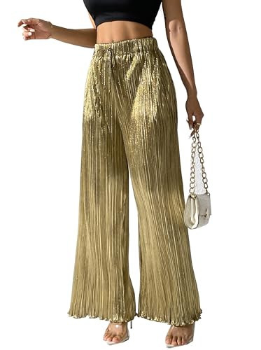 heipeiwa Women's Metallic Wide Leg Palazzo Pants Pleated Party Club Sequin Shiny Flare Pant Trouser | Amazon (US)