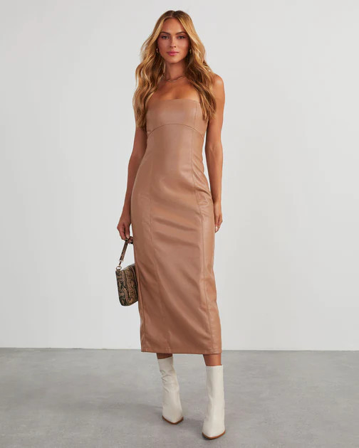 Reeva Strapless Faux Leather Midi Dress - Tan | VICI