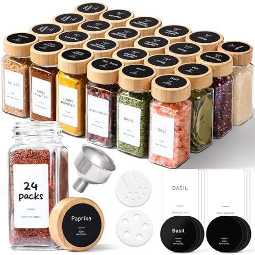 ComSaf Spice Jars with Label 4 oz 24Pcs, Glass Spice Jars with 6 Extra Shaker Inserts and 93 Labels, Seasoning Set with Bamboo Lids and Metal Funnel, Square Containers for Organization, Salt, Pepper | Amazon (US)