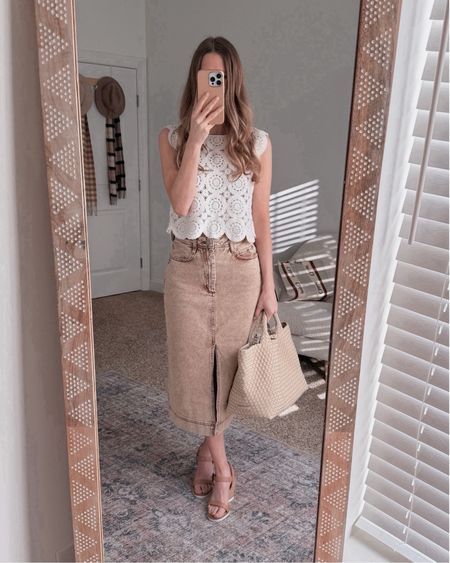 I am loving this neutral brown denim skirt with this open stitch top for Spring! It is the perfect outfit for warmer weather or travel

#LTKtravel #LTKstyletip #LTKSeasonal