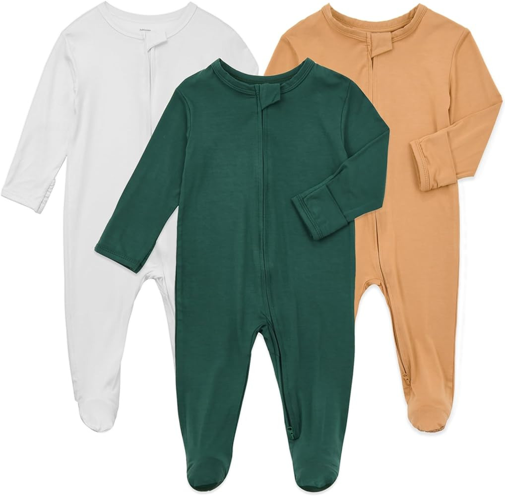 Aablexema Baby Pajamas Bamboo Rayon Zipper, 3pcs Unisex Infant Outfit with Mitten One Piece Footi... | Amazon (US)