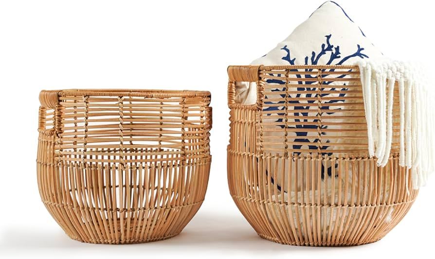 Set Of 2 Large Woven Blanket Baskets With Handles | Round Wicker Rattan Storage Floor Baskets for... | Amazon (US)