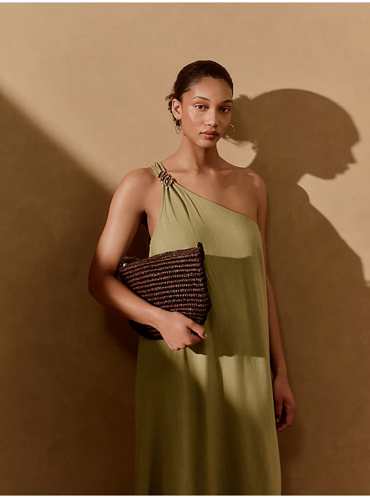 Green One Shoulder Midi Dress with Linen | George