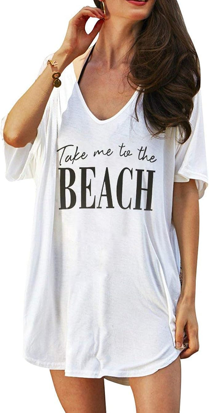 Oryer Swimsuit Cover Ups for Women Baggy V-Neck Swimwear Bathing Suit Coverups T-Shirt Dress Beac... | Amazon (US)