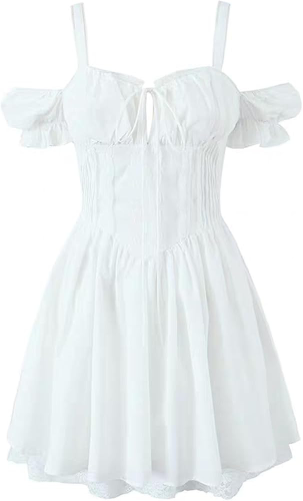 Swing Lace Ruffle Hem Off The Shoulder Dresses for Women Sweet High Waist Summer Mini Dress Pleat... | Amazon (US)