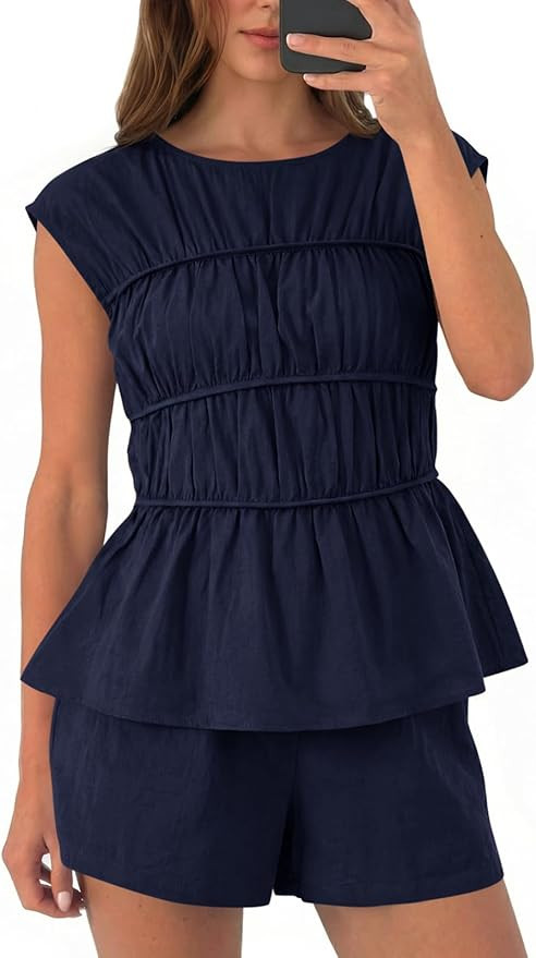 Tankaneo Womens Summer Smocked 2 Piece Short Sets Cap Sleeve Babydoll Peplum Blouse Casual Matchi... | Amazon (US)
